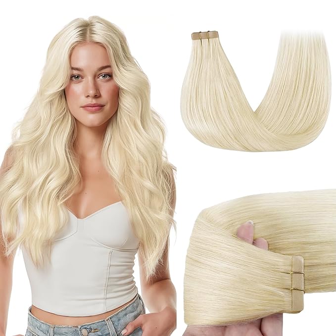 GOO GOO Tape in Hair Extensions Human Hair, 1000 Pure Platinum Blonde, 22inch 50g 20pcs, Skin Weft Seamless Invisible, Silky Straight with Thick Ends, Remy Human Hair
