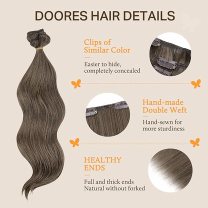 DOORES Clip in Hair Extensions, Light Ash Brown 150g 9pcs 24 Inch, Hair Extensions Extensions for Women Remy Hair Extensions Clip in Human Hair Natural Clip in Thick Silky Straight Hair Extensions