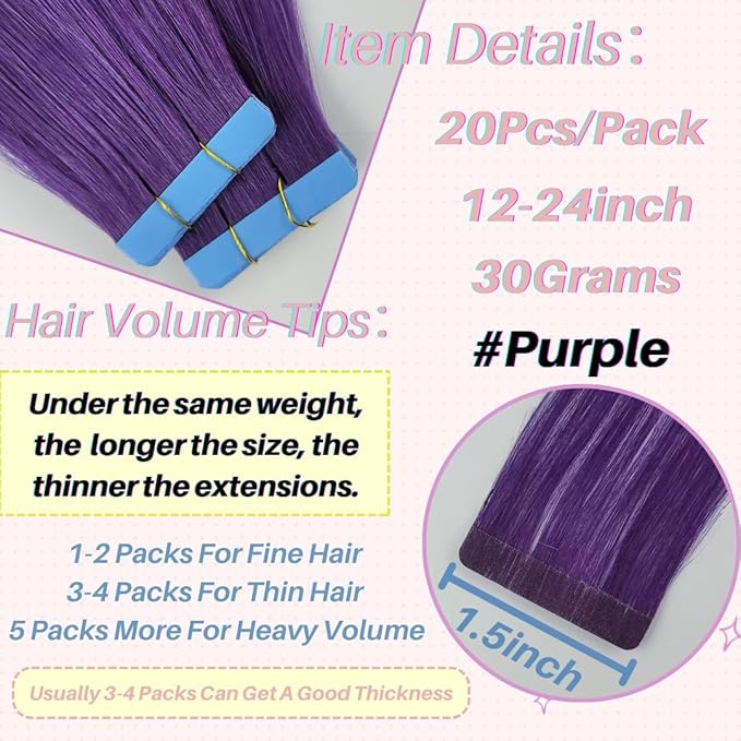 Purple Tape in Hair Extensions Human Hair Seamless 16 Inch Silky Straight Colored Hair Extensions Tape in for Girls