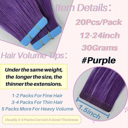 Purple Tape in Hair Extensions Human Hair Seamless 16 Inch Silky Straight Colored Hair Extensions Tape in for Girls