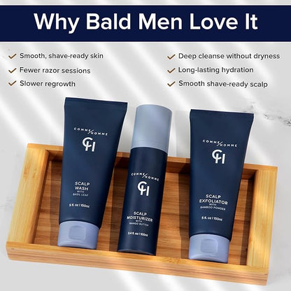 Comme Homme Ultimate Scalp Care Bundle for Bald Men | 3-Step Routine with Scalp Wash, Exfoliator & Moisturizer | Deep Cleanse, 24-Hour Moisture & Skin Protection | Free Toiletry Bag Included