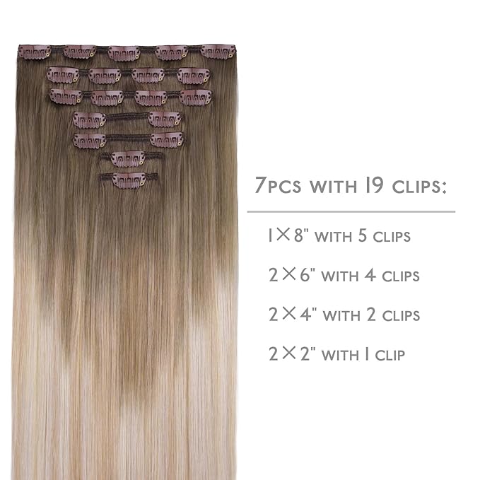 WENNALIFE Clip in Hair Extensions Real Human Hair, 18 Inch g 7pcs Balayage Sandy Brown to Platinum Blonde Remy Hair Straight Natural Extensiones De Cabello Humano Con Clip Ins