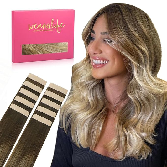 WENNALIFE Tape in Hair Extensions Human Hair Ombre Walnut Brown to Ash Brown and Bleach Blonde, 10pcs 25g 18 inch Remy Invisible Tape Ins Straight Real Human Hair Tape in Extensions