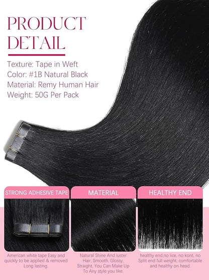 Lacer Tape in Hair Extensions Real Human Hair 18 Inch Invisible Long Weft Hair Extensions Natural Black One Piece Tape in Weft Hair For Women 50G