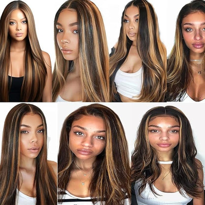 Ombre Human Hair P1B/27 Straight Bundles Two Tone Black to Honey Blonde Highlight Bundles Brazilian Human Hair Weave Soft and Silky for Black Women 24 26 28 Inch