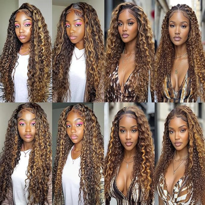 P427 Curly Bundles Human Hair Highlight Curly Bundles Brown and Blonde Double Weft Brazilian Human Hair Extensions Soft and Silky for Black Women 22 24 26 Inch