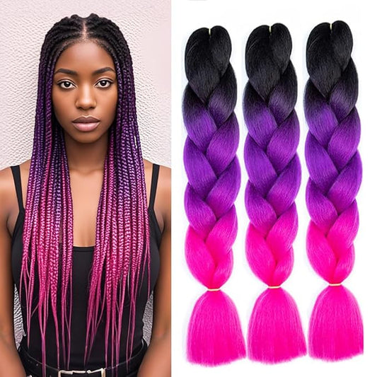 6 Packs Ombre Jumbo Braiding Hair Extensions 24 Inch High Temperature Synthetic Fiber Hair Extensions for Box Braids Braiding Hair (Black to Purple to Rose)
