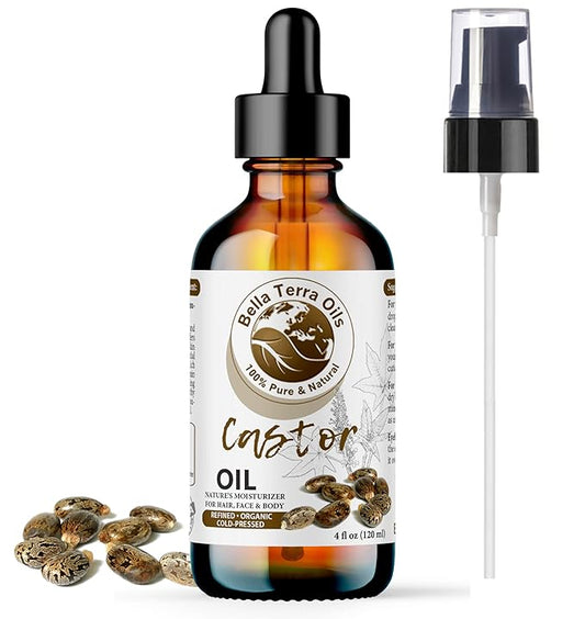 Bella Terra Oils - Organic Castor Oil 4oz Glass Bottle - Luxuriate with Cold-Pressed Organic Castor Goodness, Overflowing with Palmitic Acid, Perfect Skin Partner