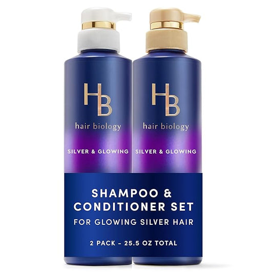 Hair Biology Biotin-Infused Purple Shampoo and Conditioner Set for Grey Hair, Anti-Brassiness, Moisturizing, Color-Safe, Silver & Glowing, Corrects Yellow Tones, 12.8 Fl Oz Each, 2 Pack