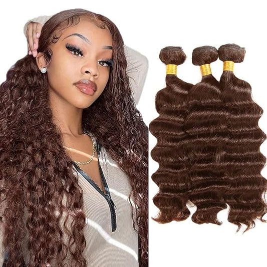 Chocolate Brown Deep Wave Bundles Human Hair Color 4 Bundles 22 24 26 Inch Niegmeag Peruvian Virgin Remy Hair Extensions Double Weft Hair Weave