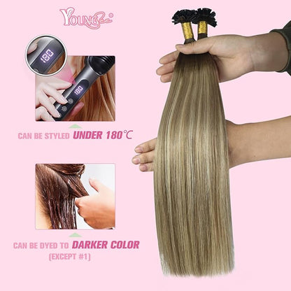 YoungSee K Tip Extensions Human Hair Balayage Brown K Tip Extensions Real Human Hair Dark Brown Ombre Brown Mix Blonde Fusion Hair Extensions Human Hair for Long Hair 22 Inch 50s/50g