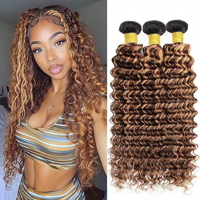 Ombre P427 Deep Wave Bundles Highlight Deep Wave Bundles Dark Brown and Honey Blonde Brazilian Human Hair Extensions Soft and Silky for Black Women 16 18 20 Inch