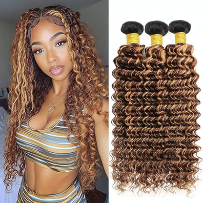Ombre P427 Deep Wave Bundles Highlight Deep Wave Bundles Dark Brown and Honey Blonde Brazilian Human Hair Extensions Soft and Silky for Black Women 16 18 20 Inch