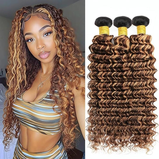 Ombre P427 Deep Wave Bundles Highlight Deep Wave Bundles Dark Brown and Honey Blonde Brazilian Human Hair Extensions Soft and Silky for Black Women 16 18 20 Inch