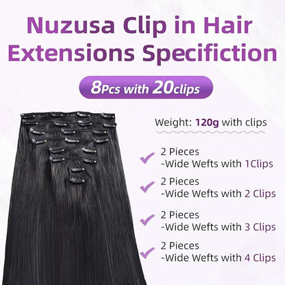 Clip in Hair Extensions Real Human Hair,100% Seamless Remy Human Hair Straight,Clip Extensions for Women, 8pcs Per Set with Double Weft,1B Natural Black,24inch 120g/4.2oz