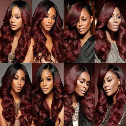 1B99j Ombre Burgundy Body Wave Bundles Black and Burgundy Body Wave Bundles two tone Brazilian Hair Weave Soft and Silky for Women 8 10 12 Inch