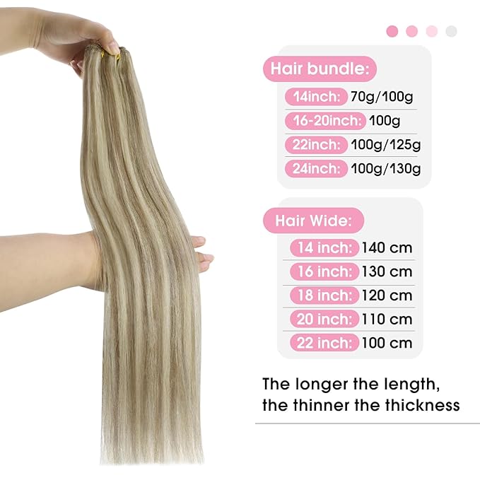 YoungSee Weft Human Hair Extensions Blonde Highlight Sew in Hair Extensions Human Hair Light Brown with Blonde Highlight Sew in Weft Hair Extensions Human Hair Can Be Ironed and Dyed 22Inch 100G