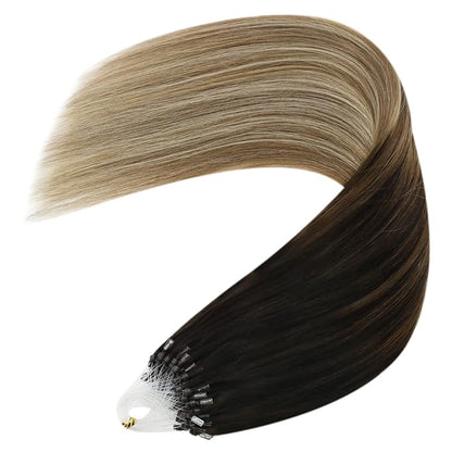 YoungSee Micro Loop Hair Extensions Real Human Hair Balayage 16In Microbead Hair Extensions Human Hair Dark Brown Ombre Blonde with Brown Roots Beaded Hair Extensions Soft and Silky 50g 50s