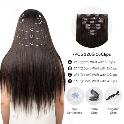 Clip in Hair Extensions Real Human Hair, Remy Human Hair Clip in Extensions for Long Hair, Dark Brown Straight Hair Extensions Add Volum add Length #2 24Inch 120G 7PCS