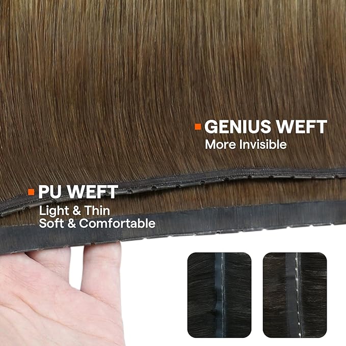 Full Shine Butterfly Weft Hair Extensions Human Hair Color Medium Brown To Honey Blonde Double Side Pu Hole Weft Hand Tied Extensions 24 Inch Long Straight Hair Weft For Women 100G