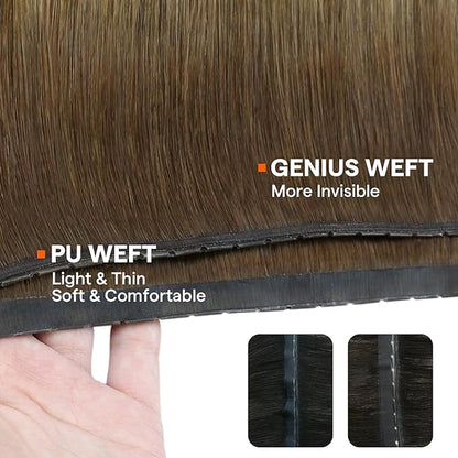 Full Shine Butterfly Weft Hair Extensions Human Hair Color Medium Brown To Honey Blonde Double Side Pu Hole Weft Hand Tied Extensions 24 Inch Long Straight Hair Weft For Women 100G