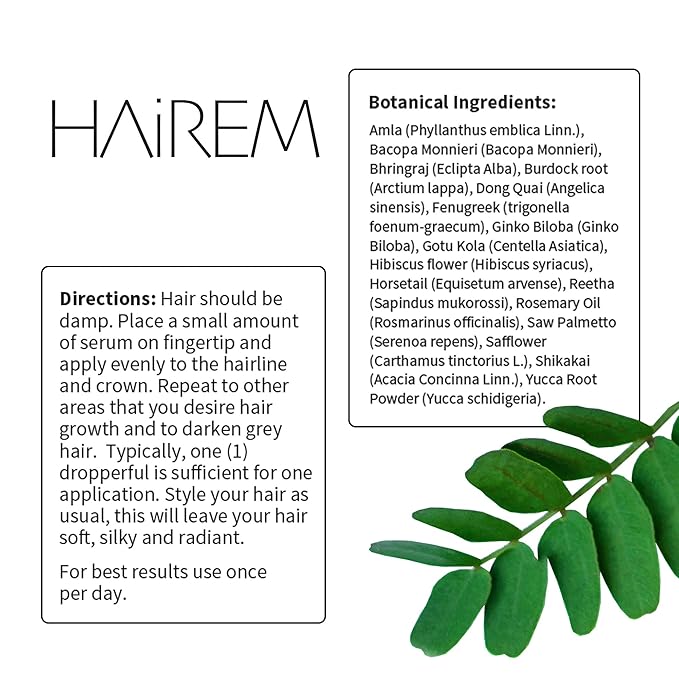 HAiREM™ Botanical Hair Serum, Promotes Hair Growth, Thicker & Fuller Hair, Darkens Grey Hair, For Men & Women - 2oz (1 Bottle)