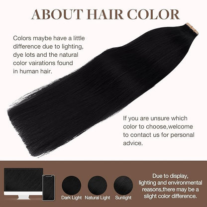 GOO GOO Tape in Hair Extensions Human Hair, 1 Jet black, 24inch 100g 40pcs, Skin Weft Seamless Invisible, Silky Straight with Thick Ends, Remy Human Hair