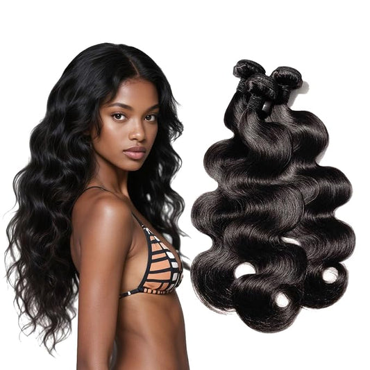 Body Wave Human Hair 3 Bundles (16 16 16) 100% Unprocessed Brazilian Virgin Human Hair Extensions Brazilian Body Wave Weave Bundles Soft and Silky Natural Black Wavy Hair Quick Weave Bundle for Women