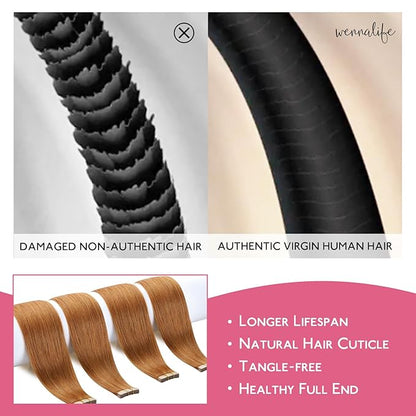 WENNALIFE Tape in Hair Extensions Human Hair, 10pcs 30g 26 inch Auburn Ginger Remy Invisible Tape Ins Straight Colored Soft Real Human Hair Tape in Extensions Refill Set Extensions