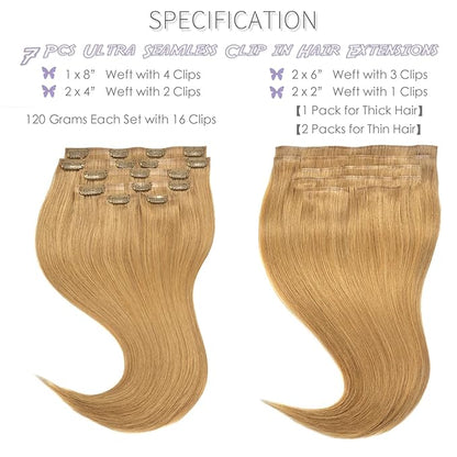 Lacer Hair 20 Inch Glam Seamless Hair Extensions Clip in Human Hair with Invisible Thin PU Skin Weft Remy Natural Hair Extensions #27 Caramel Blonde Full Head 7 Pieces 110 Grams with 16 Clips