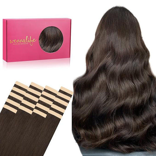 WENNALIFE Tape in Hair Extensions Human Hair, 20pcs 60g 26 inch Light Dark Brown Remy Hair Extensions Straight Human Hair Tape in Extensions Skin Weft Tape Extensions Human Hair