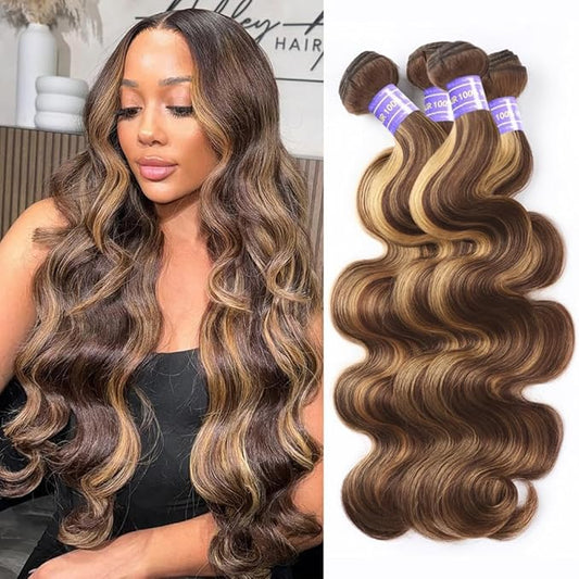 4/27 Body Wave Bundles Honey Blonde Human Hair Bundles Ombre Highlight 24 26 28 30 Inches Silky and Soft Hair Weft Brazilian Virgin Remy Hair Weave Piano Color for Black Women
