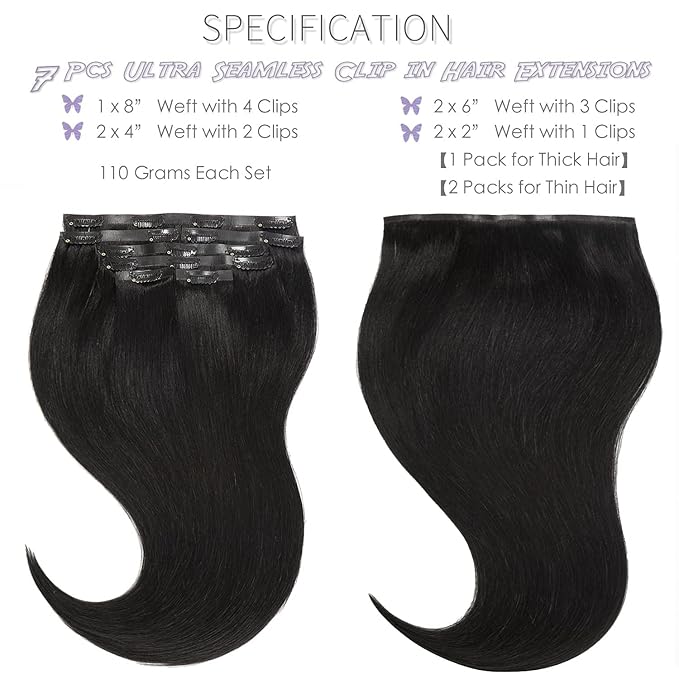 Lacer Black Clip in Hair Extensions 20inch 150g Seamless Hair Extensions Human Hair Jet Black 8Pcs PU Skin Weft Natural Human Hair Clip in 19 Clips