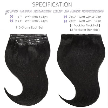Lacer Black Clip in Hair Extensions 20inch 150g Seamless Hair Extensions Human Hair Jet Black 8Pcs PU Skin Weft Natural Human Hair Clip in 19 Clips