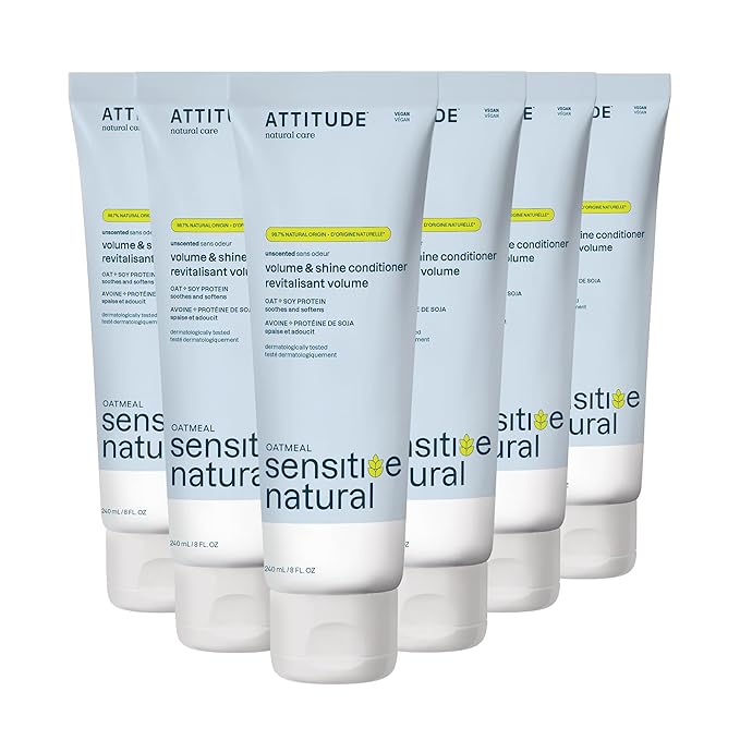 ATTITUDE Extra Gentle Hair Conditioner for Sensitive Dry Scalp, Soothing Oat, Naturally Derived Ingredients, Dermatologically Tested, Vegan Detangler, Extra Gentle, Unscented, 8 Fl Oz (Pack of 6)