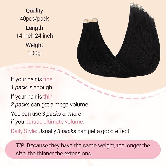 MAXITA Tape in Hair Extensions Human Hair 1B Natural Black 16 Inch 100g 40pcs Thick Ends Remy Human Hair Seamless Straight Hair Extensions Invisible Tape in Extensions Human Hair