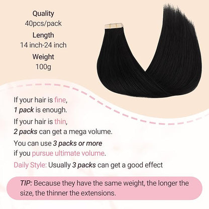 MAXITA Tape in Hair Extensions 1B Natural Black 24 Inch 100g 40pcs Thick Ends Remy Human Hair Seamless Straight Invisible Tape in Extensions