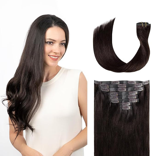 Clip in Hair Extensions Real Human Hair Dark Brown Seamless Clip In 100% Remy Hair Extensions PU Skin Weft Add Volume Thick&Invisible #2 18Inch 120G 8PCS