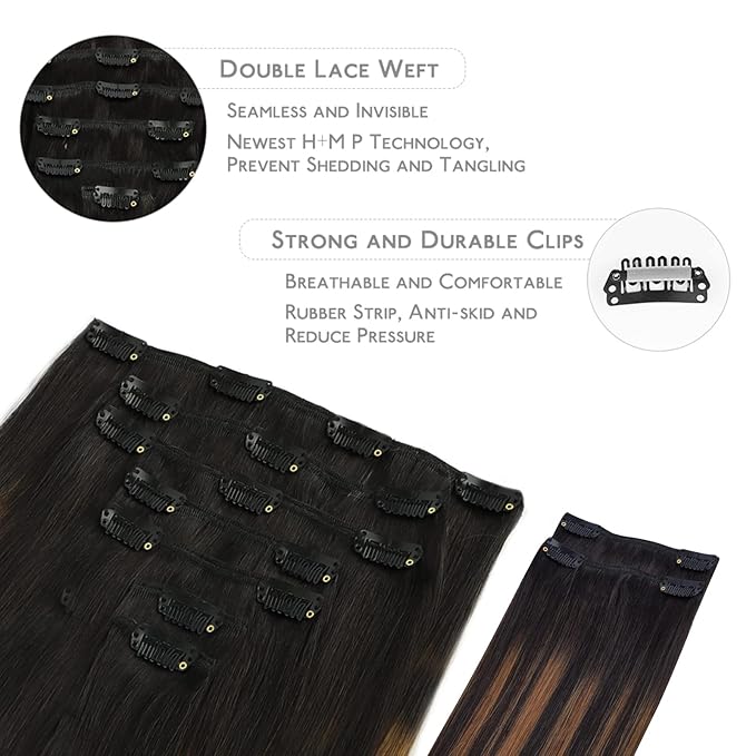 WENNALIFE Clip in Hair Extensions, 150g 16 Inch 9pcs Balayage Natural Black to Chestnut Brown Remy Hair Thicker Double Weft Extensiones De Cabello Humano Con Clip Ins Straight Full Volume