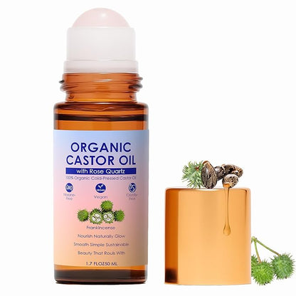 Organic Castor Oil with Rose Quartz Roller, 100% Pure Cold-Pressed, Organic Castor Oil Roll On Rose Quartz, Hexane-Free,Amber Glass Bottle for Skin 1.7oz (1)