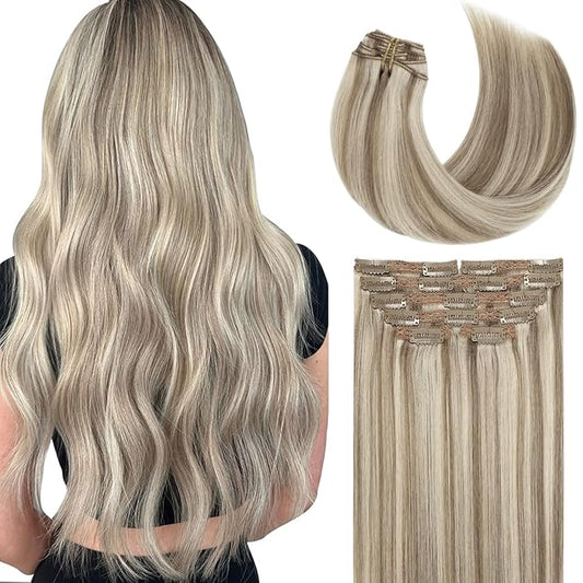 Lacer Clip in Hair Extensions Real Human Hair Golden Blonde Highlight Platinum Blonde Highlight Remy Human Hair Extensions Clip ins for Women 22 Inch 140g 7Pcs Natural Human Hair