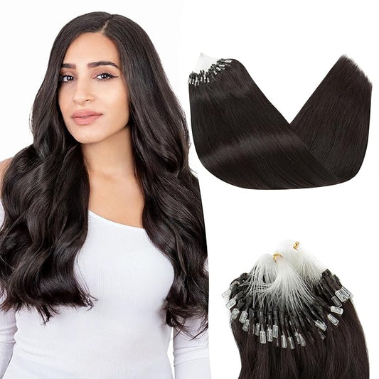 Micro Link Hair Extensions Human Hair Micro Bead Extensions Micro Loop Micro Ring Human Hair Extensions for Women Silky Straight Natural 50g/100 Stands 14" Natural black
