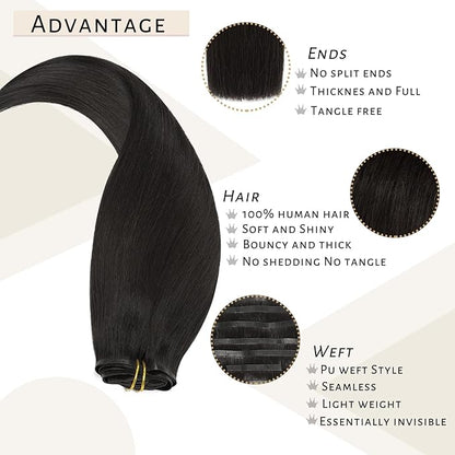 Caliee Seamless Hair Extensions Clip in Human Hair for Women 7Pcs 1B Natural Black Hair Extensions Clip in 110G Double Weft Full Head Not Tangled Silky Clip ins Straight Human Hair 14Inch