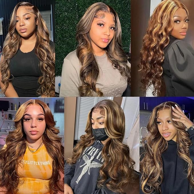 YISEA Ombre P4/27 Body Wave Bundles Human Hair （22 24 26 28 inch） 12A Highlight Dark Brown with Honey Blonde Mix Human Hair Body Wave Bundles Sew-In for Black Women Silky and Soft