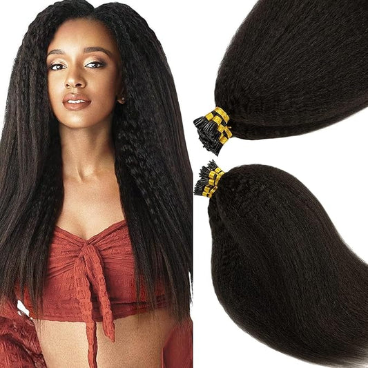 Anrosa I Tip Hair Extensions Natural Black Kinky Straight 100% Natural Black Itip Extensions Human Hair Pre Bonded Yaki Microlinks Cold Fusion Hair Extensions 50 Strands 50G Per Pack 20 Inch
