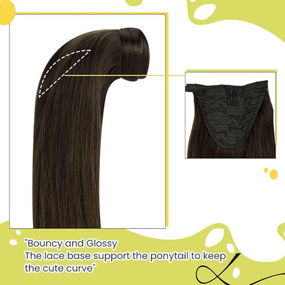 RUNATURE Hair Ponytail Extension Short Ponytail Human Hair Extensions Ponytail #4 Brown Thick Wrap Ponytail Hair Extensions with Clips Straight Real Hair Ponytail Extensions Silky 14 Inch 70g