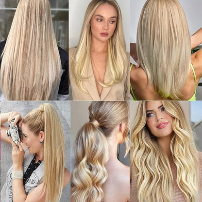 Tape In Hair Extensions 24 Inch HuxoWax P27/613 Straight Hair Extensions Double Weft Highlight Blonde VirgIn Soft And Silky Remy Hair
