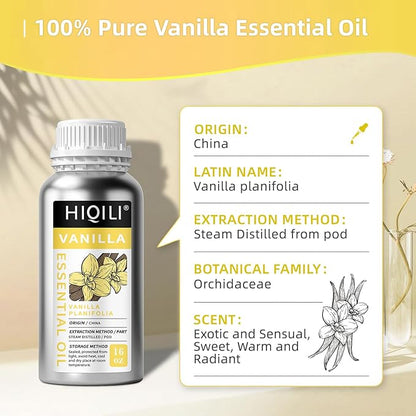 HIQILI 16 Ounces Vanilla Essential Oil, Strong Fragrance for Body Lotion, Candle Making, Soap, Aromatherapy -16 Fl Oz
