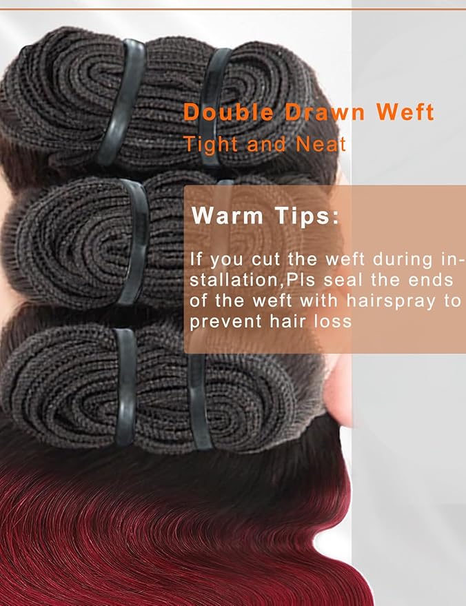 Ombre Bundles Human Hair, 13A Raw Indian Hair Bundles Body Wave, 28 Inch Colored 1B99J Burgundy Red Human Hair Bundles, Triple Service Life Keep Texture Silky Soft Tangle-Free
