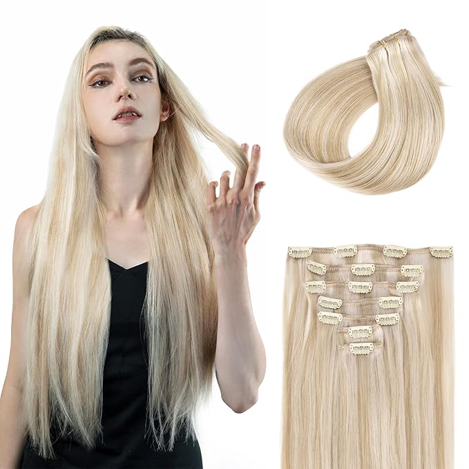 Clip in Hair Extensions Real Human Hair, 100% Remy Hair Extensions Clip Ins, Dark Blonde Highlighted Bleach Blonde Hair Extension for Women, #P18A/613A 22Inch 120G 7PCS